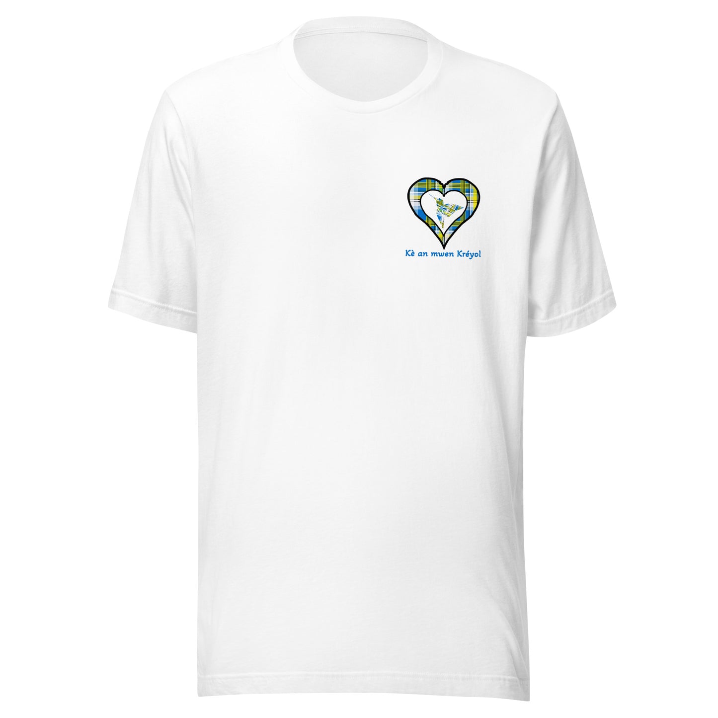 Camiseta ajustada unisex con pecho de corazón azul Madras Kè an mwen