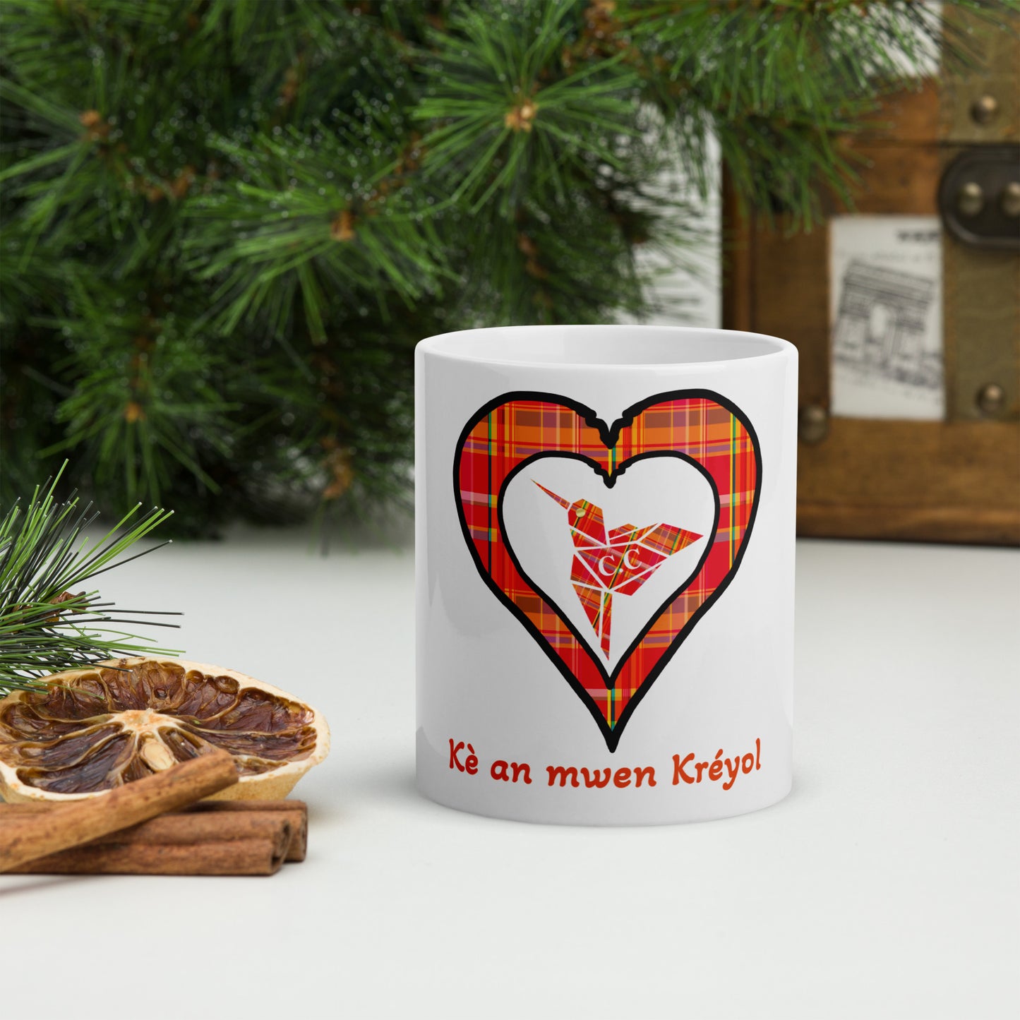 Mug Blanc Brillant Madras rouge kè an mwen