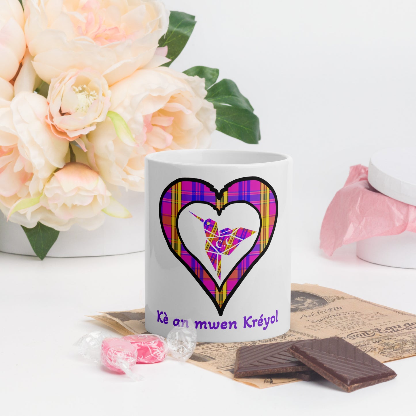 Mug Blanc Brillant Madras violet kè an mwen