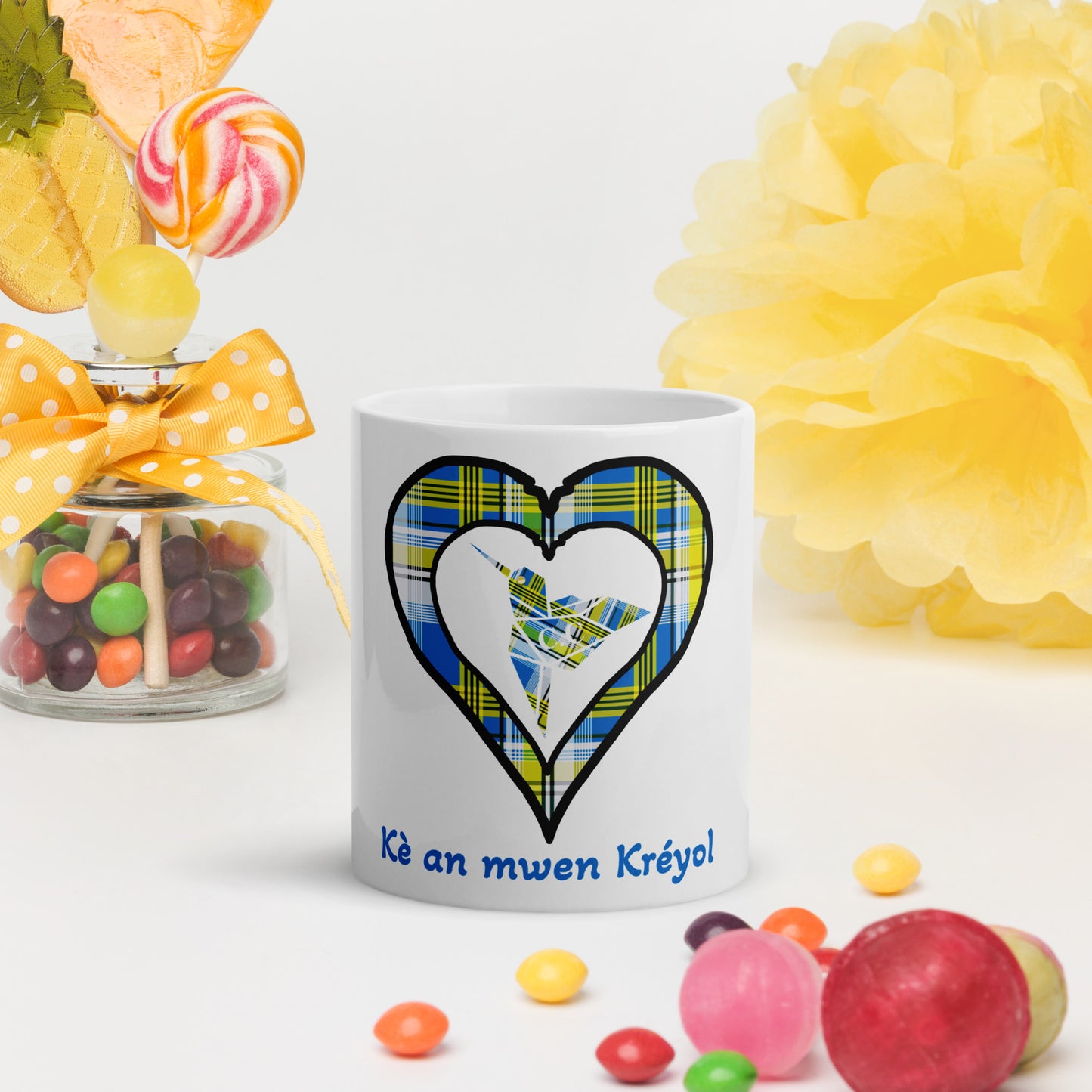 Mug Blanc Brillant Madras bleu kè an mwen